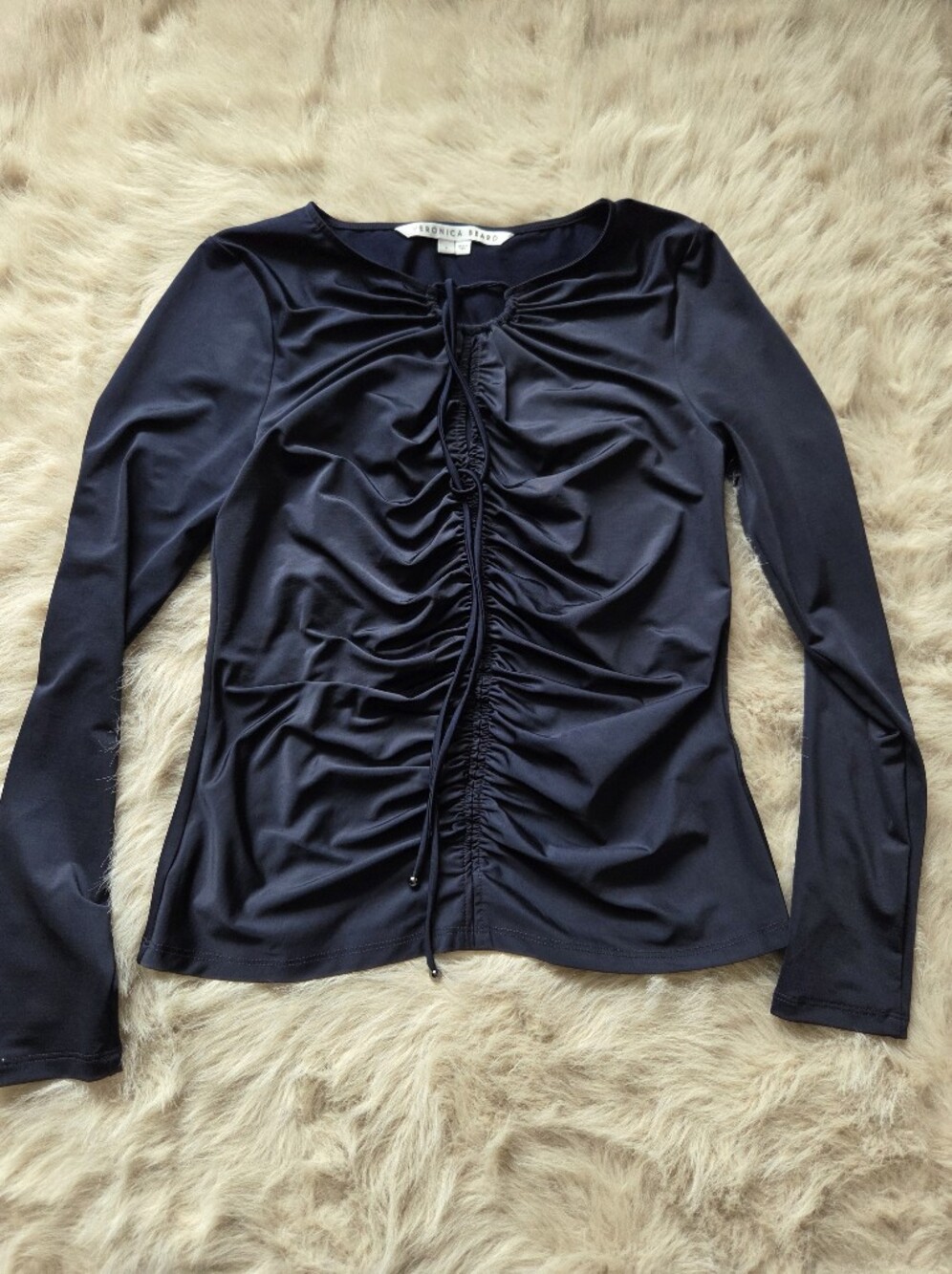 Veronica Beard Navy Long-Sleeve Ruched Front Top
